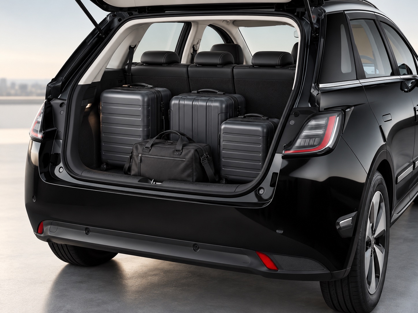 Illustration of a black electric car’s open boot with travel bags and the rear seats upright