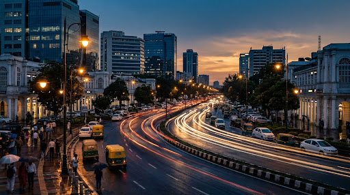 Dusk city highway with glowing automotive light trails and stately colonial street lamps